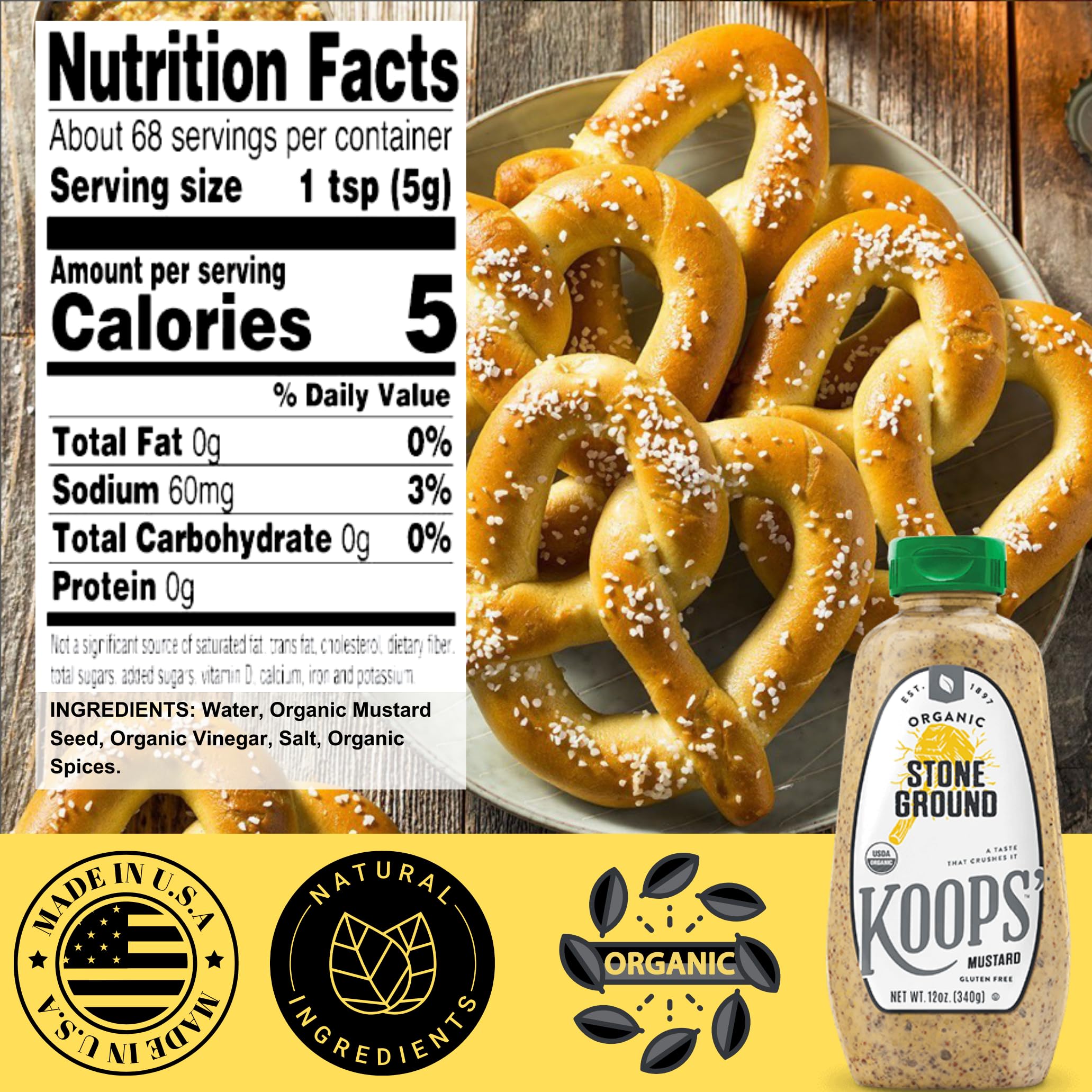 Koops' Organic Stone Ground Mustard – Old-Fashioned Mustard, Gluten-Free, Kosher, Non-GMO, USDA Certified Organic Mustard, Made in USA, From Quality Mustard Seeds – 12 Oz, Pack of 1