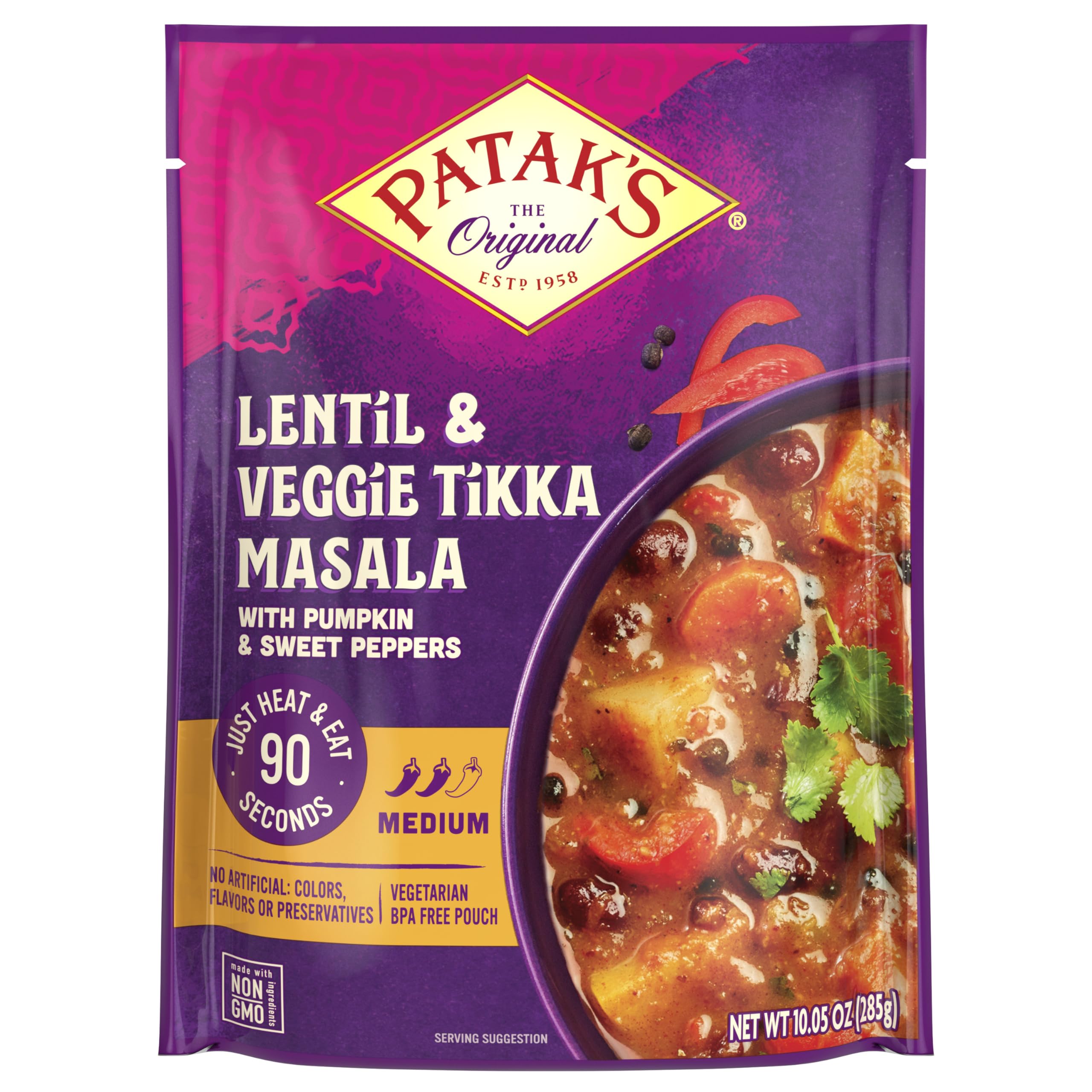 Patak’s Lentil & Veggie Tikka Masala - Vegetarian Indian Curry w/Lentils, Beans, Pumpkin, Sweet Potatoes & Vegetables - Ready-to-Eat Microwaveable Meal - Serve with Rice or Naan - 10.5oz (Pack of 6)