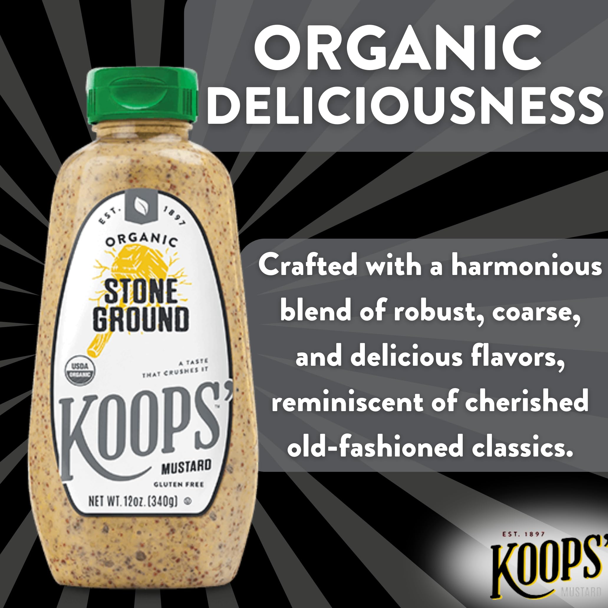Koops' Organic Stone Ground Mustard – Old-Fashioned Mustard, Gluten-Free, Kosher, Non-GMO, USDA Certified Organic Mustard, Made in USA, From Quality Mustard Seeds – 12 Oz, Pack of 1