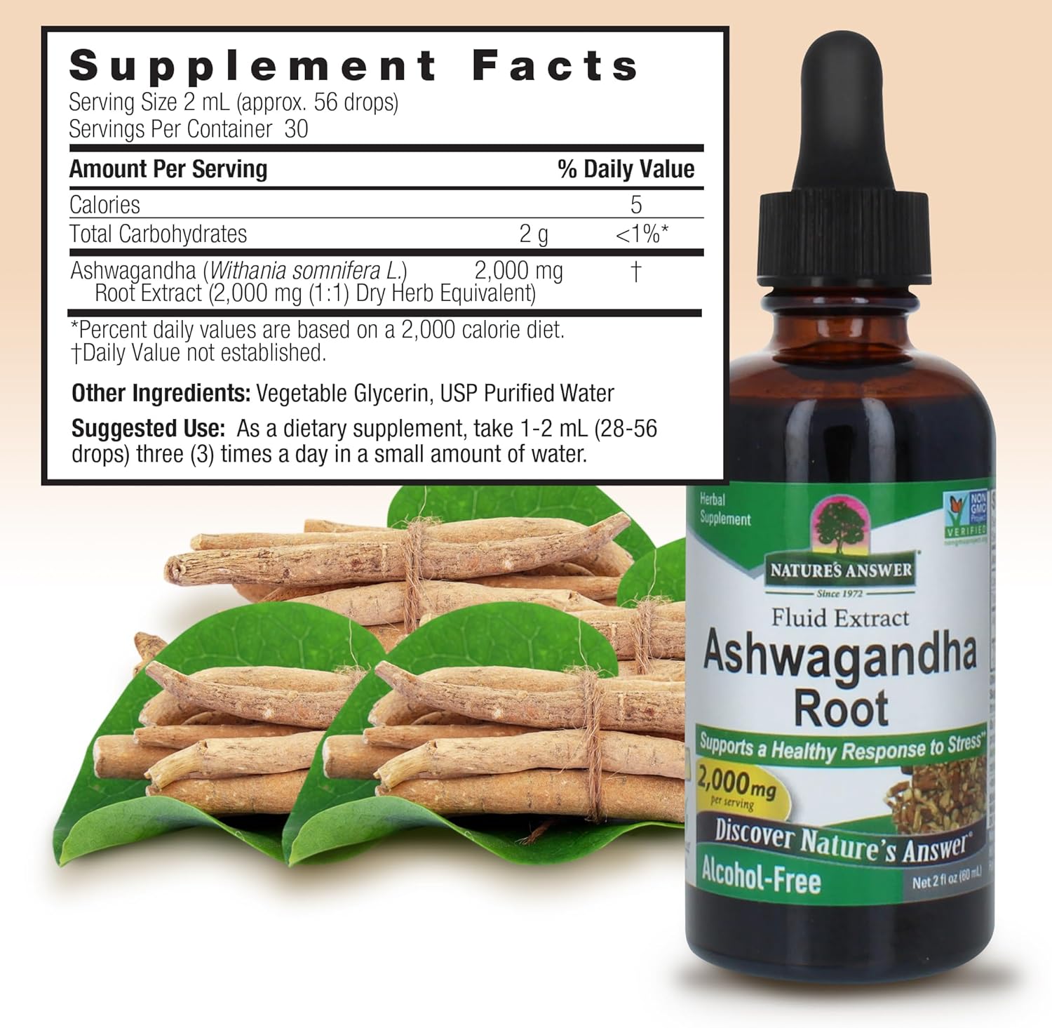 Nature's Answer Ashwagandha Root | Herbal Supplement Maintain Healthy Immune Function | Supports Body Against Stress | Gluten-Free, Alcohol-Free & Vegan 2oz