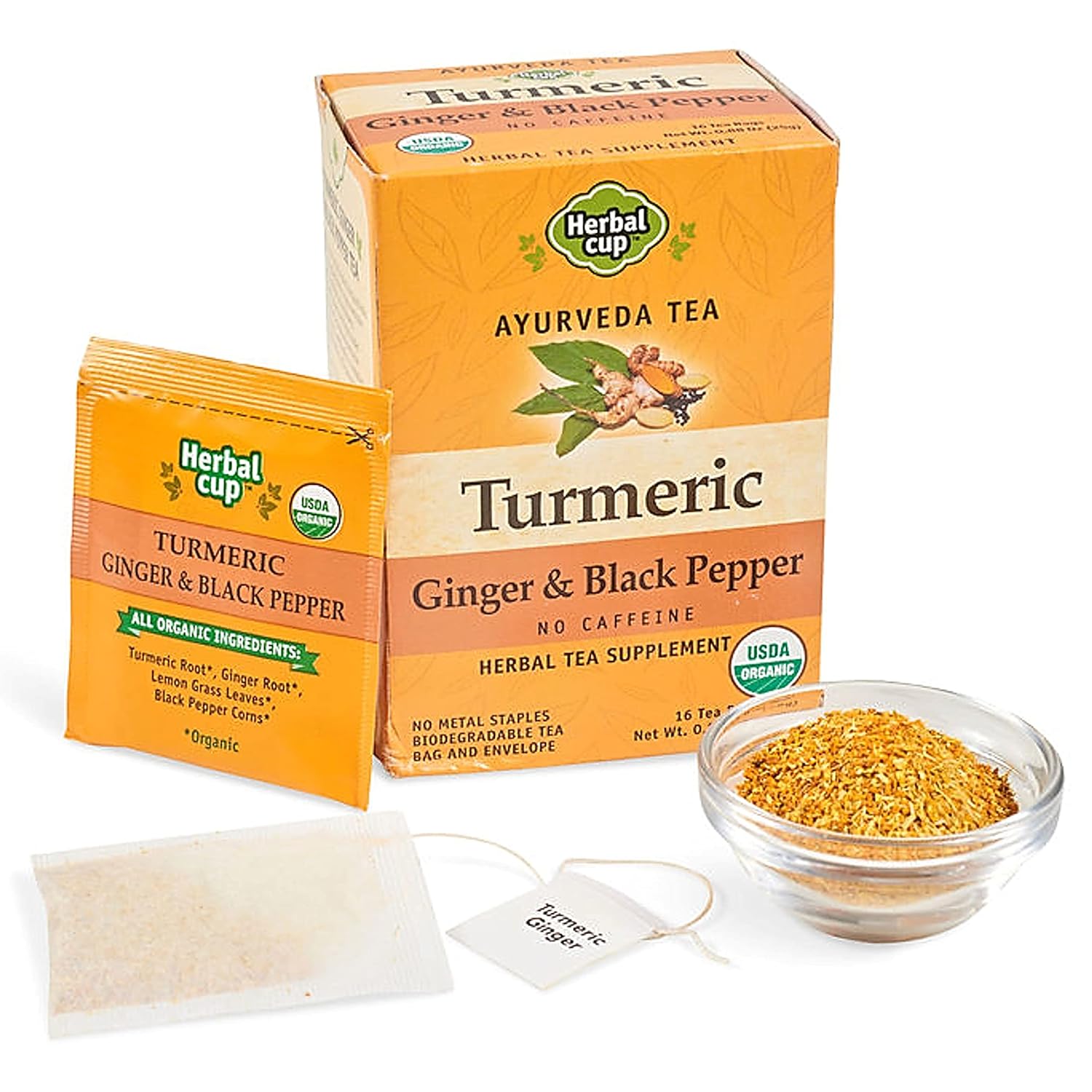 Herbal Cup Ayurveda Turmeric Tea, Organic Ginger & Black Pepper, No Caffeine Herbal Supplement (16 Count, Pack of 1)