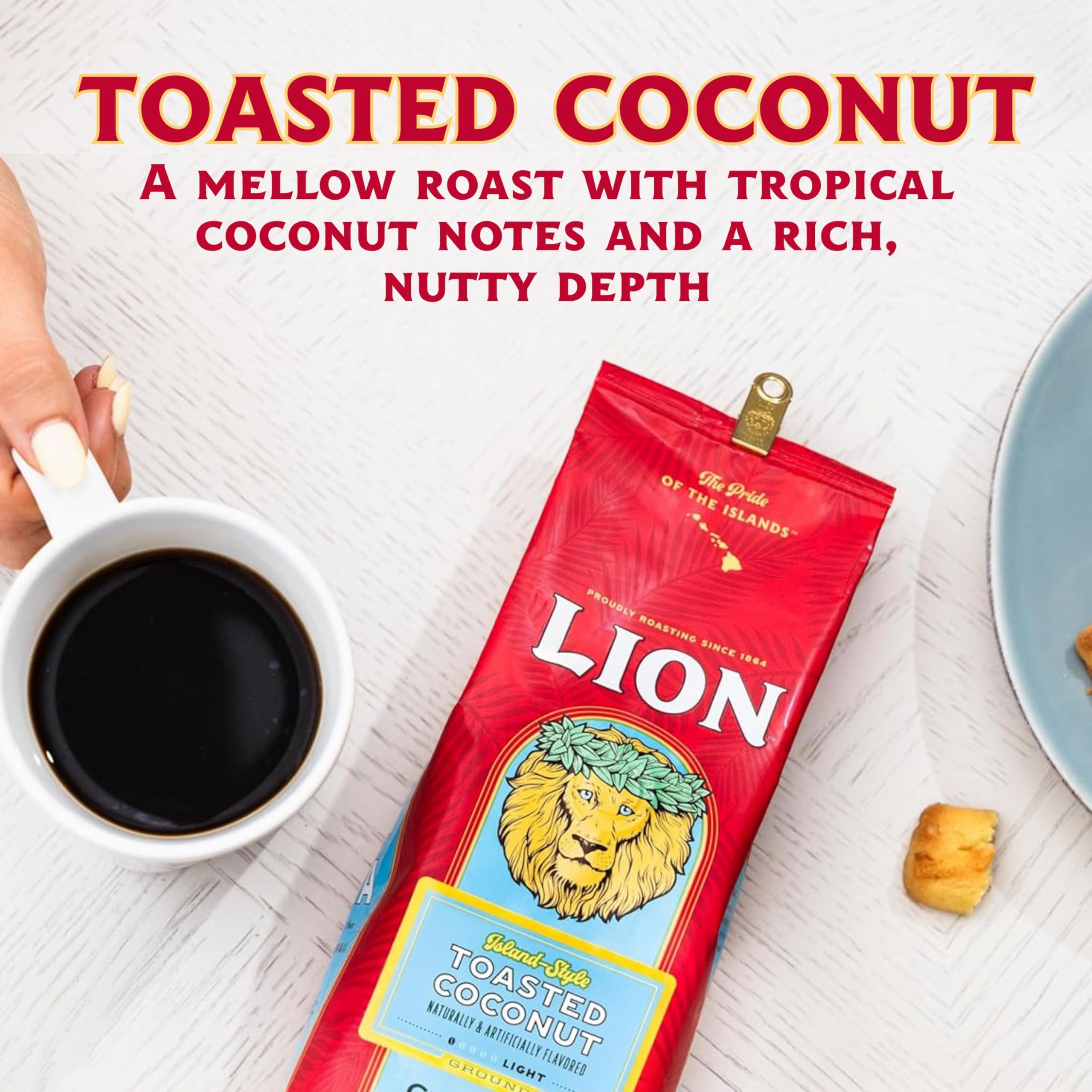 Lion Coffee Vanilla Macadamia Flavored Ground Coffee, Light Roast, Hawaiian Inspired Taste - 10 Ounce Bag