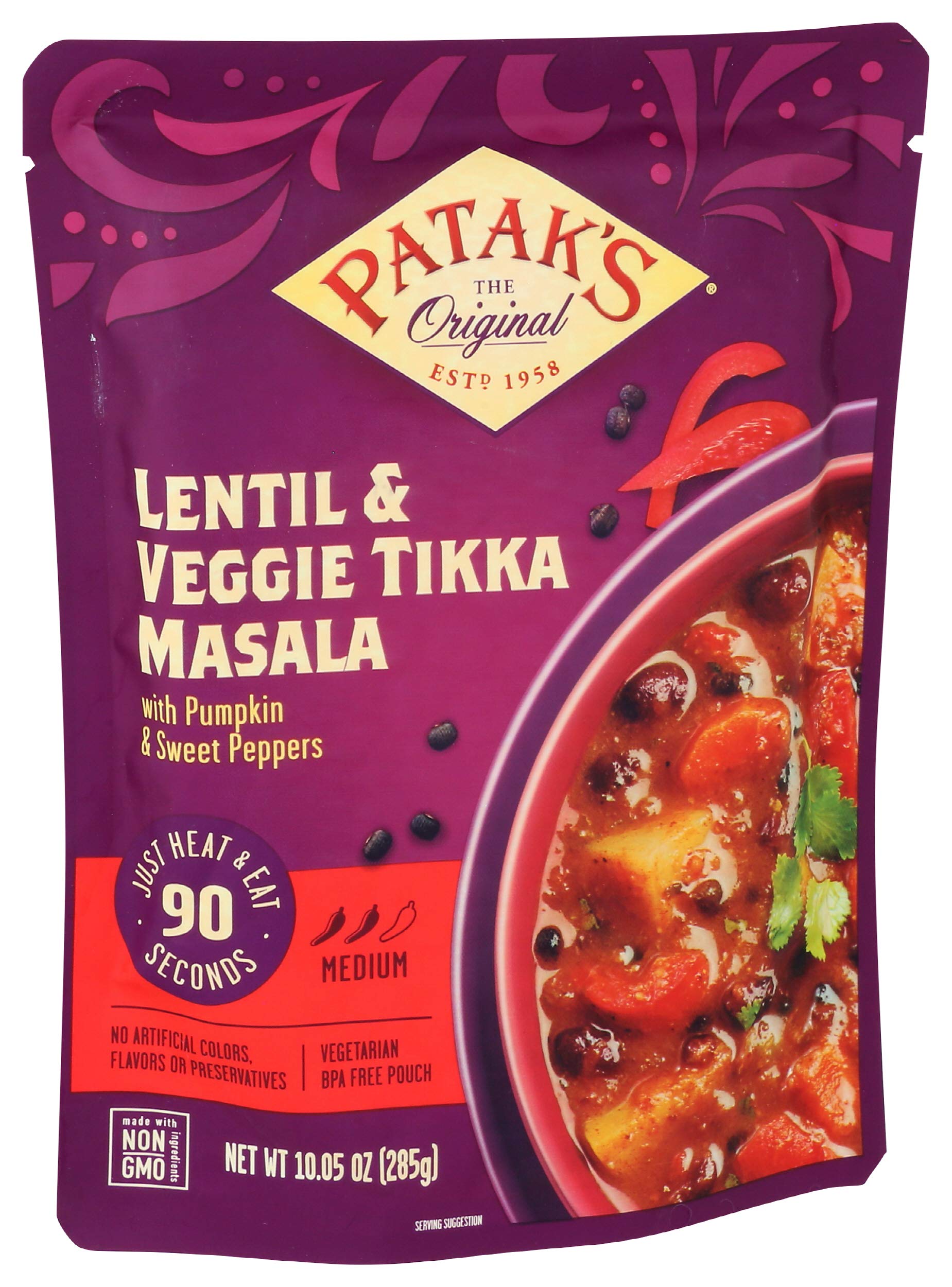 Patak’s Lentil & Veggie Tikka Masala - Vegetarian Indian Curry w/Lentils, Beans, Pumpkin, Sweet Potatoes & Vegetables - Ready-to-Eat Microwaveable Meal - Serve with Rice or Naan - 10.5oz (Pack of 6)