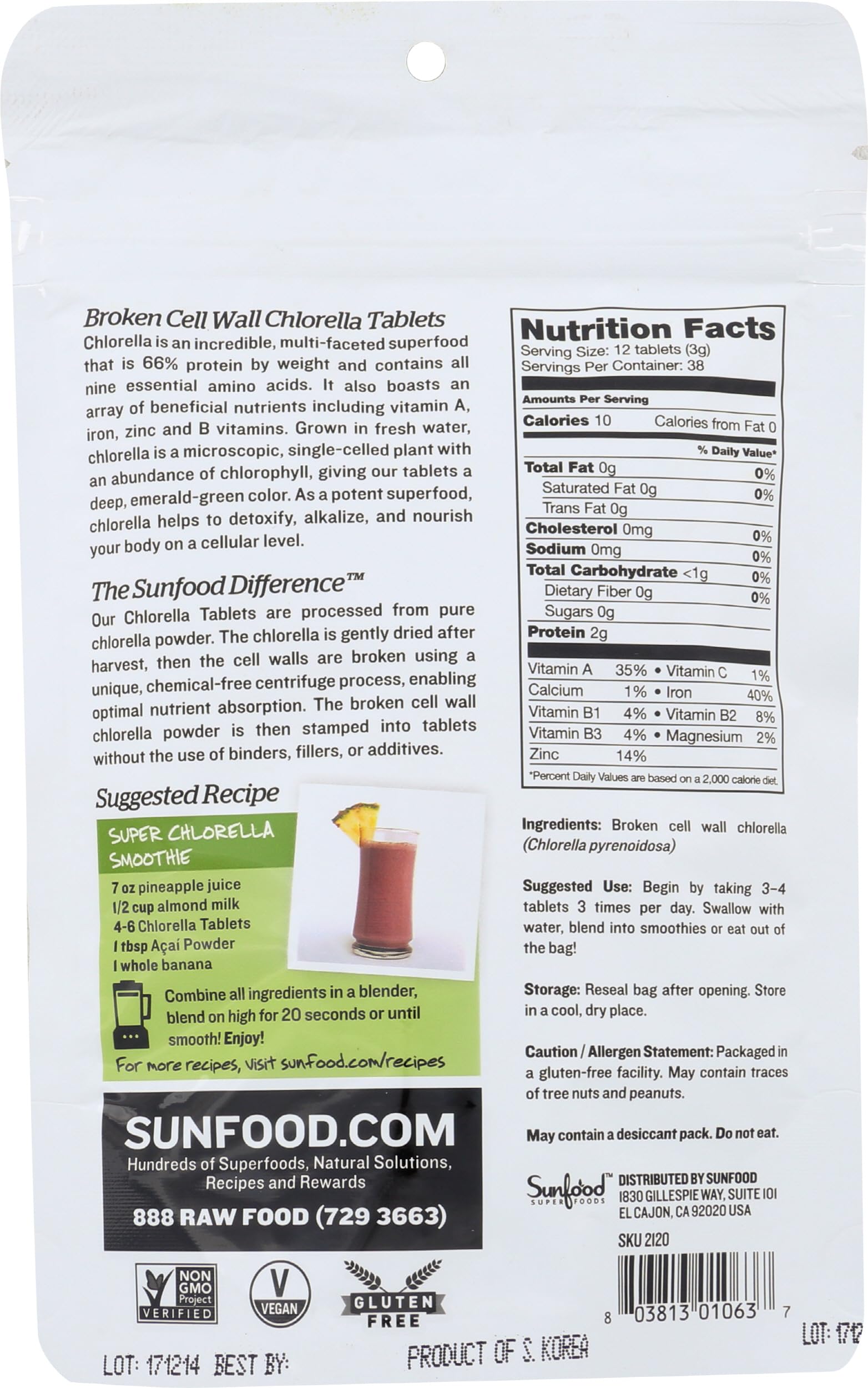 Sunfood Superfoods Chlorella Tablets - Chlorophyll, Chlorella Supplement, Chlorophyll Pills, Broken Cell Wall Algae Capsules, Non GMO, Vegan - 2 oz Bag