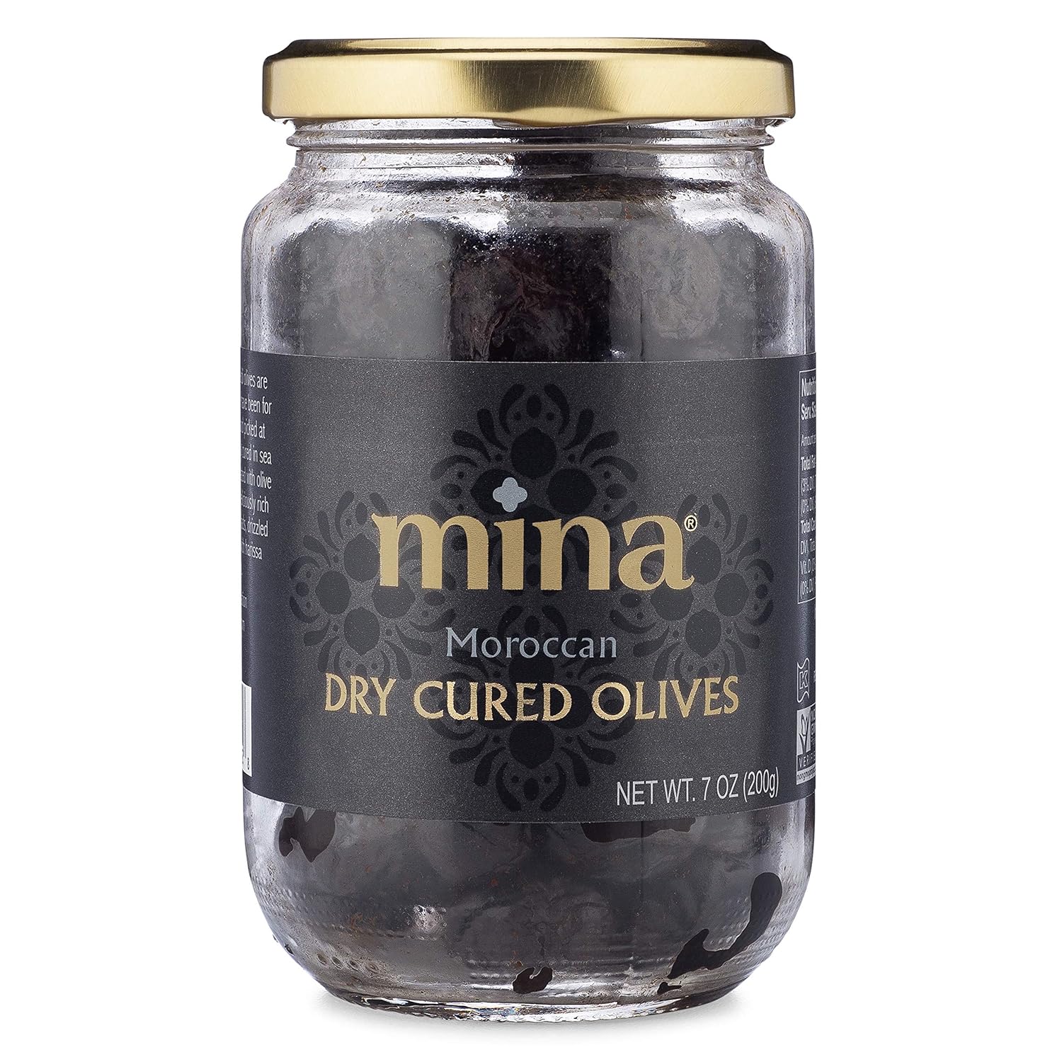 Mina Dry Cured Black Olives, 7 oz - Moroccan Olive Oil Cured Olives, Premium Handpicked and Naturally Cured Dried Olives, Non GMO, Gluten Free, Low Carb, Vegan, Great Paleo Keto Snacks