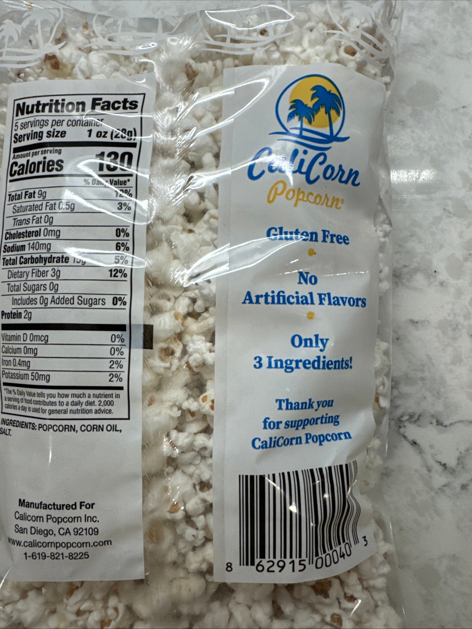 Calicorn Popcorn, 5oz, Salted Popcorn, Gluten Free, No Artificial Ingredients