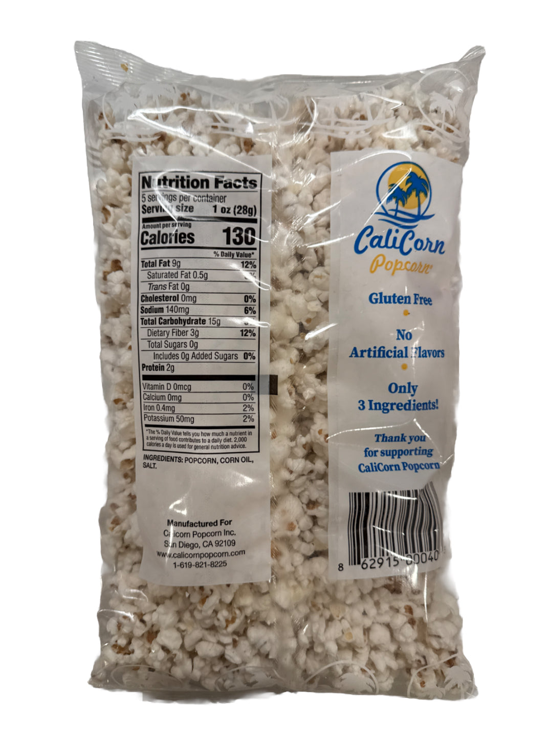 Calicorn Popcorn, 5oz, Salted Popcorn, Gluten Free, No Artificial Ingredients