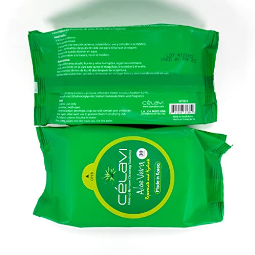 Celavi Makeup Remover Cleansing Wipes Removing Towelettes 2 Packs - 60 Sheets (Aloe Vera)