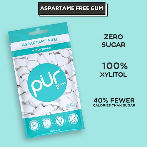 PUR Gum | Aspartame Free Chewing Gum | 100% Xylitol | Sugar Free, Vegan, Gluten Free & Keto Friendly | Natural Wintergreen Flavored Gum, 55 Pieces (Pack of 1)