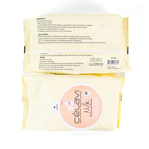 Celavi Makeup Remover Cleansing Wipes Removing Towelettes 2 Packs - 60 Sheets (Milk)