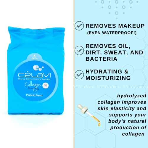 Celavi Makeup Remover Cleansing Wipes Removing Towelettes 2 Packs - 60 Sheets (Collagen)