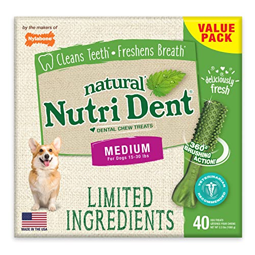 Nylabone Nutri Dent Dog Dental Treats - Natural Dog Teeth Cleaning & Breath Freshener - Dental Treats for Dogs - Fresh Breath Flavor, Medium (40 Count)