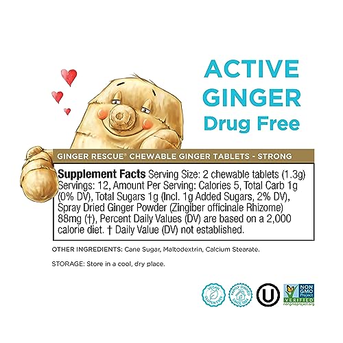 Ginger Rescue Chewable Tablets by The Ginger People – Drug Free Digestive Health, Chewable Tablets, Strong Ginger Flavor, 0.55 Oz, 24 Tablets, (Pack of 1)