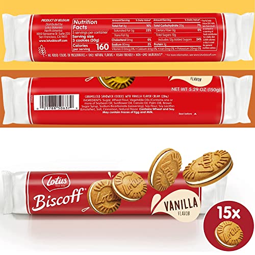 Lotus Biscoff Sandwich Cookies, Vanilla Cream, 15 Cookies per pack, 5.29 Ounce (Pack of 1)