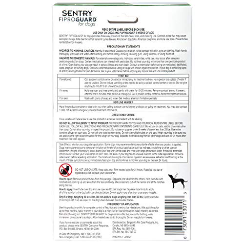 SENTRY PET CARE SENTRY Fiproguard for Dogs, Flea and Tick Prevention for Dogs (23-44 Pounds), Includes 6 Month Supply of Topical Flea Treatments