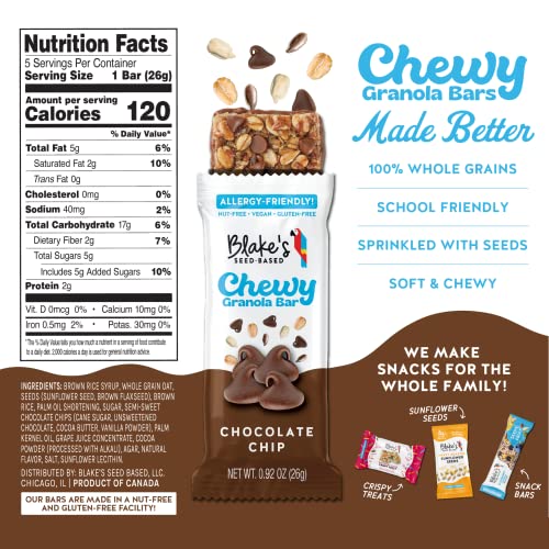 Blake’s Seed Based Chewy Granola Bars — Chocolate Chip (5 Count), Vegan, Gluten Free, Nut Free & Dairy Free, Healthy Snacks for Kids or Adults, School Safe, Low Calorie Soy Free Snack