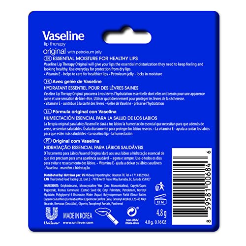 Vaseline Lip Therapy Stick, Original | Original Petroleum Jelly Vaseline Lip Balm for Soft Lips | 4.8g