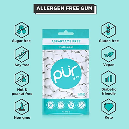 PUR Gum | Aspartame Free Chewing Gum | 100% Xylitol | Sugar Free, Vegan, Gluten Free & Keto Friendly | Natural Wintergreen Flavored Gum, 55 Pieces (Pack of 1)